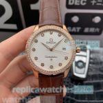AAA Grade Replica Omega Constellation Diamond Bezel Brown Leather Strap Watch
